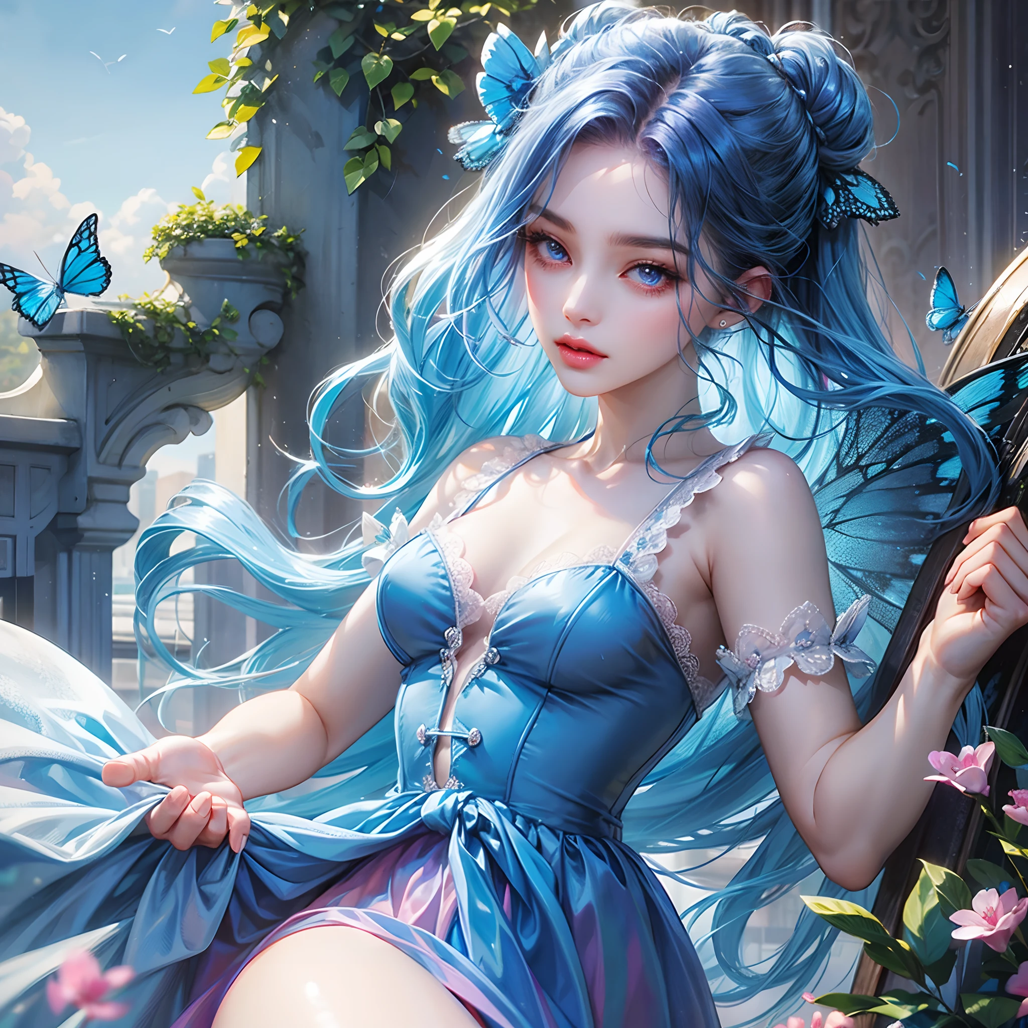 a women, blue butterfly, blue hair, pink eyes, blue dress