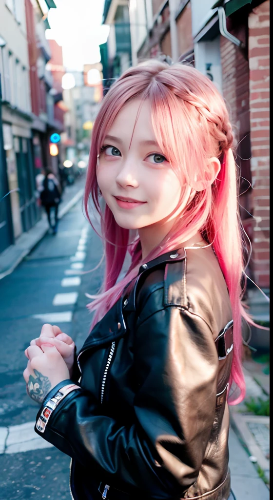 (masutepiece), cute little, (sixteen years old:1.4), Solo, 1 woman, (Charming punk girl), Blue eyes,faces、(A smile:1.5),Playing guitar, (Front face),  (Leather jackets and tattoos), (Band T-shirt), (Ripped jeans), ((Urban alley background)), (up close shot), Beautiful hands, Two hands, normal hands, Two arms, complete hands, Beautiful body, Beautiful fingers, normal fingers, Five Fingers, Five Fingers, (Thumb index finger ring finger), Beautiful ears, normal ears, Beautiful eyes, shiny eyes, Beautiful mouth, Beautiful lips,Medium hair with pink hair, (Pink hair), Ear Hair, small tits, Single braid, (Single braid), (Side braid)