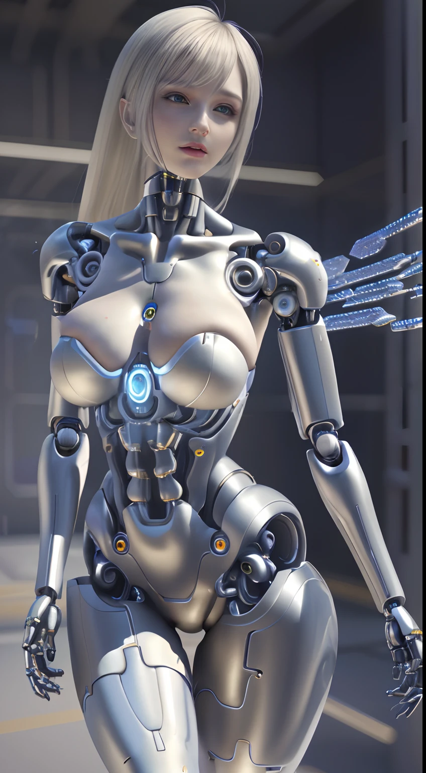 Highly detailed complex 3d render, android woman, cyborg, robot parts, demon robot suit, 150 mm, beautiful studio soft light, rim lights, bright details, cyberpunk silver, lace, hyperrealistic, anatomy, facial muscles, electrical wires cables, microchips  , elegant, beautiful background, octane rendering, H. R. Giger style, 8k, best quality, masterpiece, illustration, ethereal and beautiful, highly detailed, CG, unity, wallpaper, (realistic, photo-realistic: 1.37), Awesome  , fine detail, masterpiece, best quality, official art, highly detailed CG unity 8k wallpaper, absurd, very absurd, robot, gold silver halmet, full body,