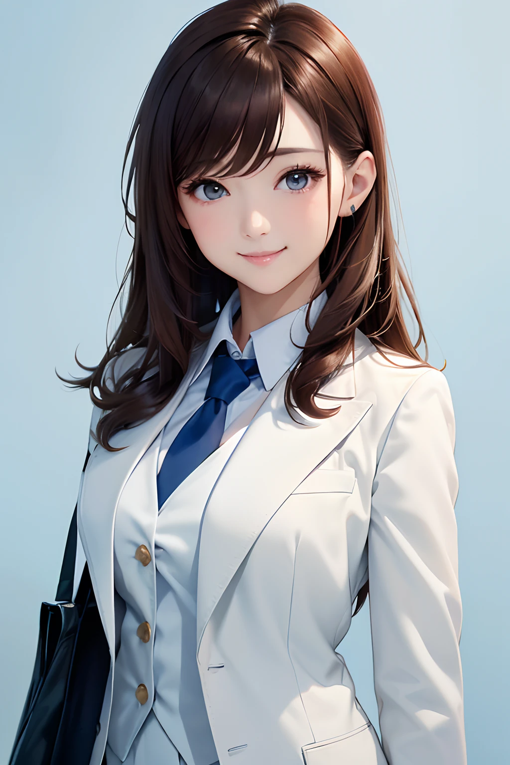 (top-quality、8K、32K、masterpiece)30age、adult lady、Brown hair、Wearing a white suit、a smile、Light blue background