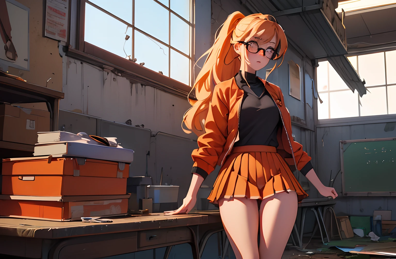 (masterpiece, best quality), (shiny skin), (UHD, 8K wallpaper, High resolution), Perfect anatomy, well drawn hands and fingers, Cinematic lighting, physically-based rendering, award-winning, highly detailed skin, extremely detailed beautiful eyes, cute 18-year-old russian girl walking, ((abandoned school:1.23)) , (holding flashlight), (blonde hair, high ponytail),(school uniforms:1.22), (orange pleated Skirt:1.32), glasses,black panties, (orange pleated skirt), dynamic pose, , cute nose, converse sneakers, (thigh gap:1.3), looking ahead, 1girl, (legs apart), (alone), thigh gap, (upskirt:1.3) , (red jacket), looking around , ((wearing thick black glasses))