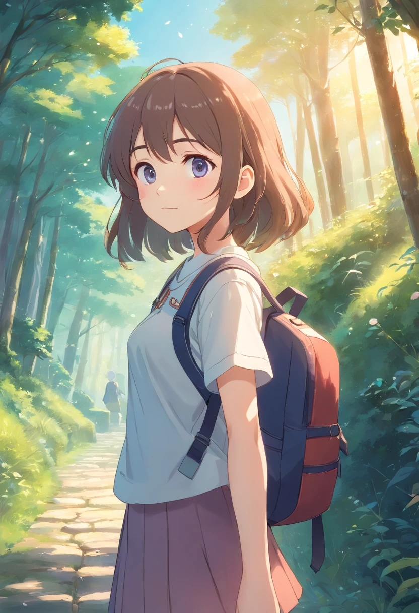 (best quality,4k,8k,highres,masterpiece:1.2),ultra-detailed,realistic,beautiful anime-style portrait,smooth anime CG art style,detailed digital anime artwork,moe anime art style,portrait of a cute anime girl,digital rendering,art game style,beautiful backpacks and bags,digital anime art by Makoto Shinkai,anime-style artwork by Makoto Shinkai,anime artist Makoto Shinkai's style,vivid colors,studio lighting,soft lighting,artistic backpacks and bags,smooth animation,artistic digital rendering,anime-style landscape,anime concept art,large eyes,delicate features,shiny hair,anime-style clothing,digital painting,anime-style shading,subtle colors,background with depth,expressive eyes,peaceful atmosphere,anime girl in a beautiful landscape,innocent expression,anime girl holding a backpack,subtle textures,anime girl with flowing hair,detailed anime face,long eyelashe, anime girl with a smile,slightly turned head,soft colors,anime-style lighting,bokeh effect,imaginative concept art,anime-style character,anime artist's perspective,calm and tranquil scenery.