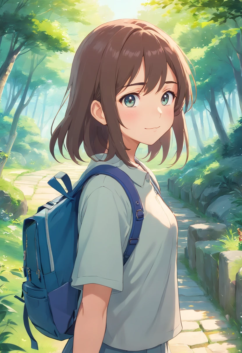 (best quality,4k,8k,highres,masterpiece:1.2),ultra-detailed,realistic,beautiful anime-style portrait,smooth anime CG art style,detailed digital anime artwork,moe anime art style,portrait of a cute anime girl,digital rendering,art game style,beautiful backpacks and bags,digital anime art by Makoto Shinkai,anime-style artwork by Makoto Shinkai,anime artist Makoto Shinkai's style,vivid colors,studio lighting,soft lighting,artistic backpacks and bags,smooth animation,artistic digital rendering,anime-style landscape,anime concept art,large eyes,delicate features,shiny hair,anime-style clothing,digital painting,anime-style shading,subtle colors,background with depth,expressive eyes,peaceful atmosphere,anime girl in a beautiful landscape,innocent expression,anime girl holding a backpack,subtle textures,anime girl with flowing hair,detailed anime face,long eyelashe, anime girl with a smile,slightly turned head,soft colors,anime-style lighting,bokeh effect,imaginative concept art,anime-style character,anime artist's perspective,calm and tranquil scenery.