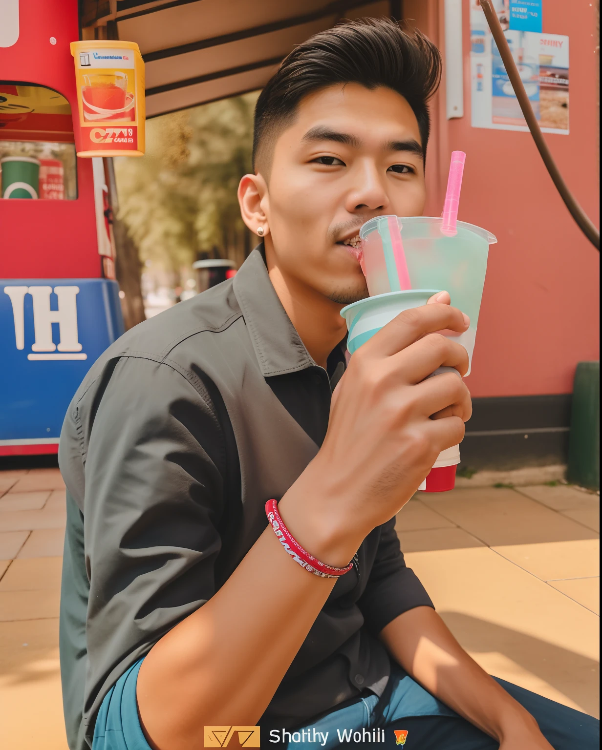 there is a man sitting on the ground drinking from a cup, with a straw, holding a drink, with a drink, candid picture, the straw is in his mouth, cold drinks, candid photography, with accurate face, candid photograph, taken with sony alpha 9, very very low quality picture, shot on nikon z9, candid photo
