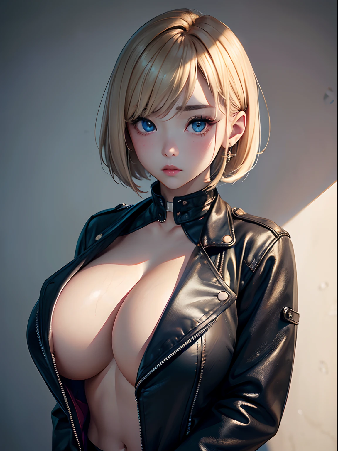 s girl(masterpiece:1.4)、(in 8K、realisitic、Raw photo、top-quality:1.4)、One Japan、(Real Face:1.4)、(real looking skin:1.3)、超A high resolution、A hyper-realistic、beautiful finely detailed eyes、Blonde Bob Cut、Blue eyes、耳Nipple Ring、Black leather jacket、high detailing、(huge-breasted:1.5)、cleavage of the breast、Blushing、troubled look、gargantilha、Popular Korean Makeup、to stand