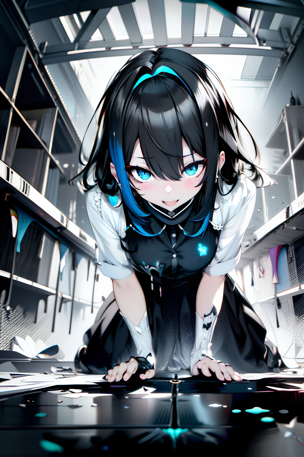 White background, grayscales ,(linear art:1.2), bowtie, black hairband, Black skirt, femme, Collared shirt  ,(Blue eyes:1.2),  sketch, monochromes, BLUE AND BLACK ,Cross-eyed、Stranger、View other people、Ahegao , Silly,Sexual ecstasy,Drunken eyes,Blunt bangs, Black hair, (finely detailed beautiful eye: 1.2), (Detailed background,Dark Fantasy), (beautifull detailed face), High contrast, (Best Illumination, extremely delicate and beautiful), ((Cinematic Light)), Colorful, Hyper Detail, Dramatic light,