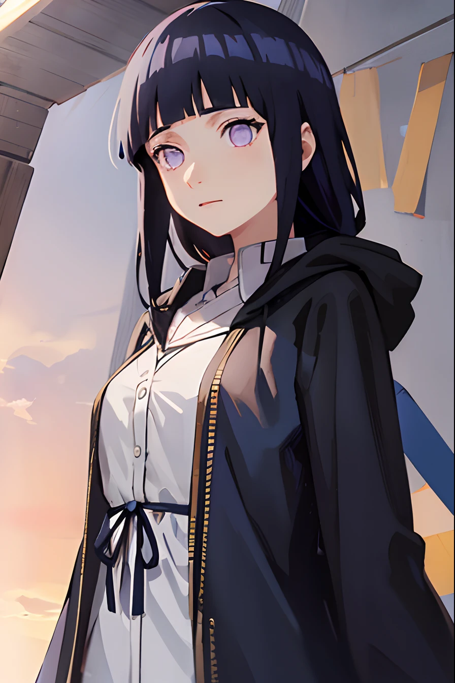 a close up of a person with long dark blue hair, hinata hyuga, anime visual of a cute girl, in the anime film, long black cloak, white dress, blunt bangs, dark blue hair