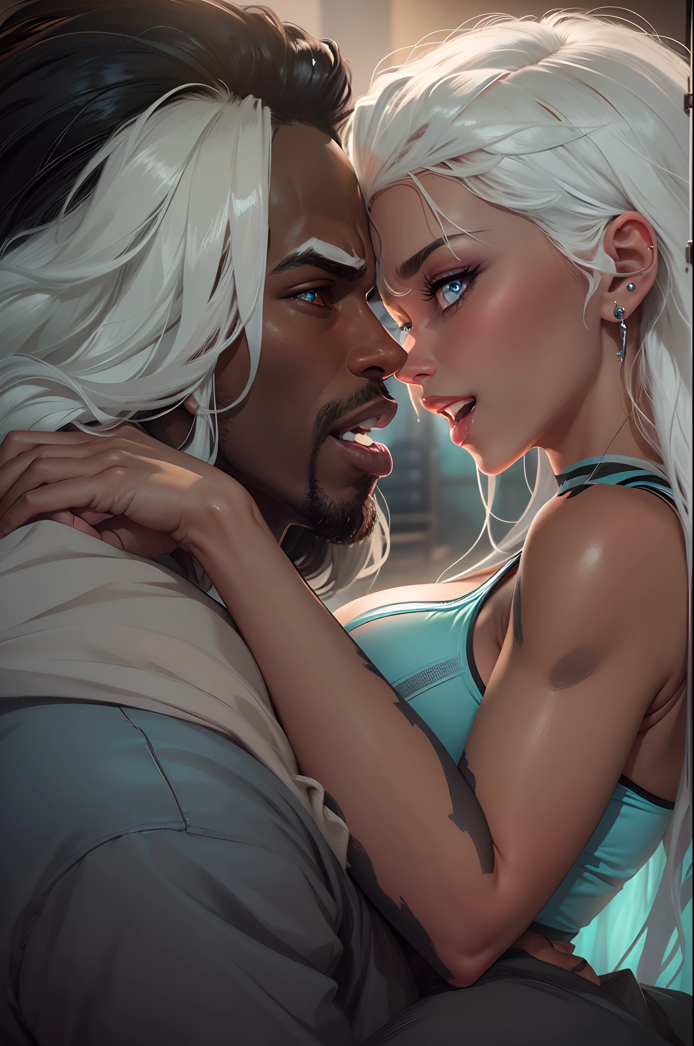 Middle-aged Woman, perfect figure, sexy thunder thighs, sexy voluptuous curves, gigantic breasts, slimmest waist, sexy mature face, wear summer light blue dress, black hair, glowing eyes, blonde hair, white hair, messy hair, very long hair, symbol-shaped pupils, aqua eyes, glowing eyes, pointy ears, earrings, angry, embarrassed, mouth hold, seductive smile, heavy breathing, moaning, torogao, rape face. A black man, muscle handsome body, brown skin, wear exercise clothes. woman flustered snuggle kisses on black man passionately, black man caress woman, in romance snuggle kiss passionately poses. Gothic art, Realism, UHD, textured skin, super detail, 8k, 16k, high quality