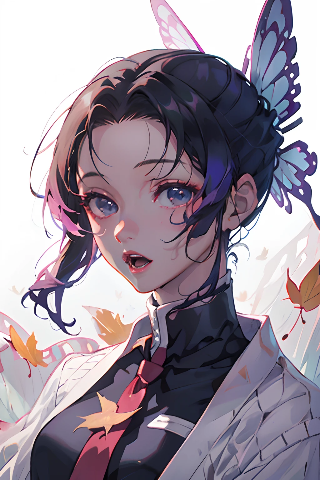 Official Art, Unity 8k Wallpapers, ultra-detailliert, Beautifully Aesthetic, masterpiece, top-quality, realisitic, a closeup, Skindentation, Soouryuu Asuka Langley, Interface headset, bodysuit under clothes, A detailed eye, A detailed face, Detailed hair, black backgrounds, straight-on, looking at the viewers, The sheen, Anime, looking at viewer with a cigarette in her mouth, highly detailed with reflections transparent iridescent opaque jacket, Long transparent iridescent RGB hair, 1girl in, Solo, fronds, School uniform, serafuku, Long hair, red neckerchief, Blurry, Sailor collar, neckerchief, Blonde hair, Shirt, Autumn leaves, Parted lips, Outdoors, Floating hair, Long sleeves, White shirt, Bangs, Upper body, red necktie, Open mouth, neck tie, tusk, Brown eyes, Wind, Autumn, Maple leaf, Falling leaves, Blurry background, day, ginkgo leaf, depth of fields, bug,