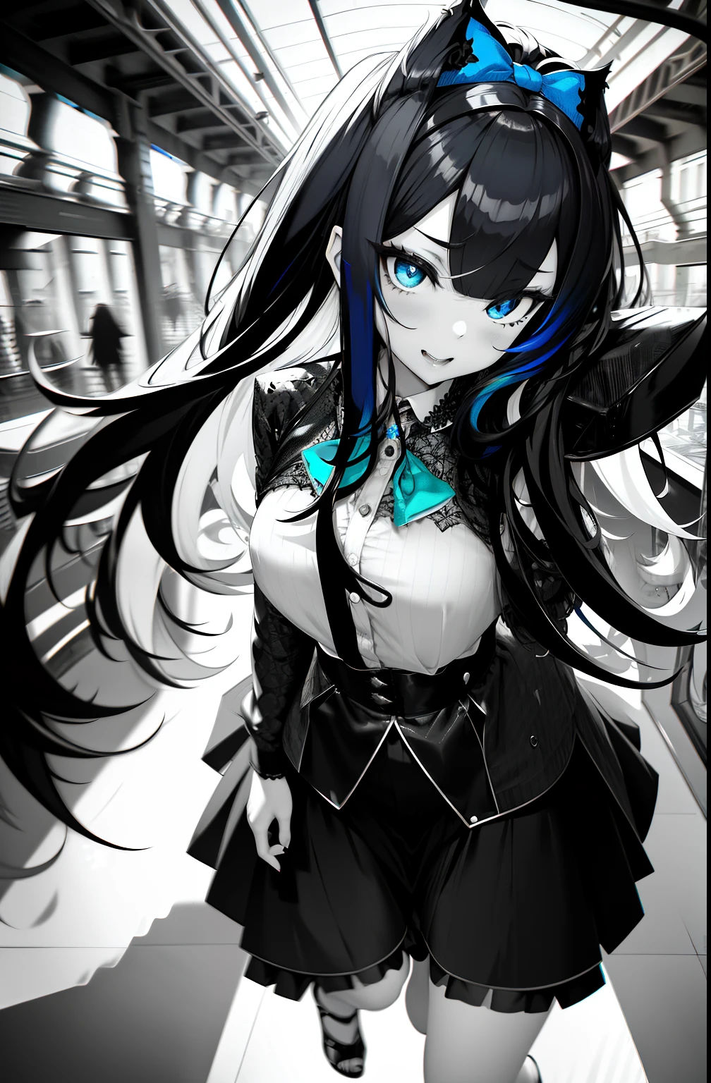 full body Esbian、Full body、White background, grayscales ,(linear art:1.2), bowtie, black hairband, Black skirt, femme, Collared shirt  ,(Blue eyes:1.2),  sketch, monochromes, BLUE AND BLACK ,Cross-eyed、Stranger、View other people、Ahegao , Silly,Sexual ecstasy,Drunken eyes,Blunt bangs, Black hair, (finely detailed beautiful eye: 1.2), (Detailed background,Dark Fantasy), (beautifull detailed face), High contrast, (Best Illumination, extremely delicate and beautiful), ((Cinematic Light)), Colorful, Hyper Detail, Dramatic light,