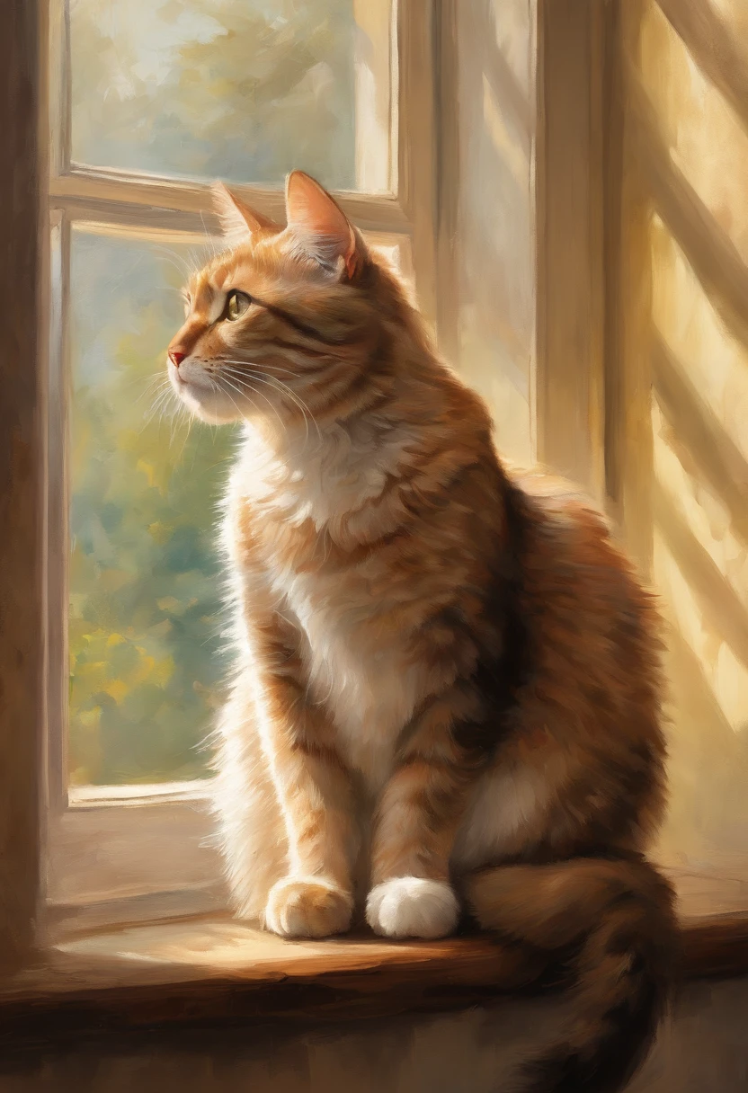 (best quality,4k,8k,highres,masterpiece:1.2),ultra-detailed,(realistic,photorealistic,photo-realistic:1.37),cat,adorable eyes,fluffy fur,curious gaze,pink nose,paws,playful attitude,sitting on a window sill,sunlight streaming through the window,tail gently swaying,mischievous expression,golden hour lighting,soft and warm color palette,whiskers,watchful posture,calm and serene background,cat silhouette in the window,subtle cat toys in the corner,expressive facial features,playful shadows,detailed feline anatomy,lush and tactile textures,masterfully crafted artwork,realistic fur rendering,vivid and lifelike colors,happy and content atmosphere,carefully composed composition,perfectly captured essence of a cat's charm.