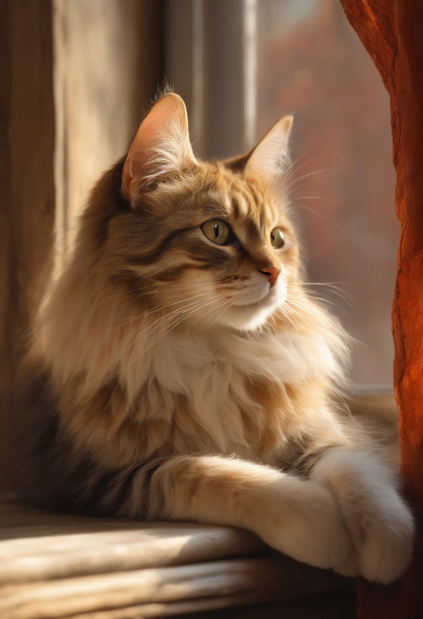 (best quality,4k,8k,highres,masterpiece:1.2),ultra-detailed,(realistic,photorealistic,photo-realistic:1.37),cat,adorable eyes,fluffy fur,curious gaze,pink nose,paws,playful attitude,sitting on a window sill,sunlight streaming through the window,tail gently swaying,mischievous expression,golden hour lighting,soft and warm color palette,whiskers,watchful posture,calm and serene background,cat silhouette in the window,subtle cat toys in the corner,expressive facial features,playful shadows,detailed feline anatomy,lush and tactile textures,masterfully crafted artwork,realistic fur rendering,vivid and lifelike colors,happy and content atmosphere,carefully composed composition,perfectly captured essence of a cat's charm.