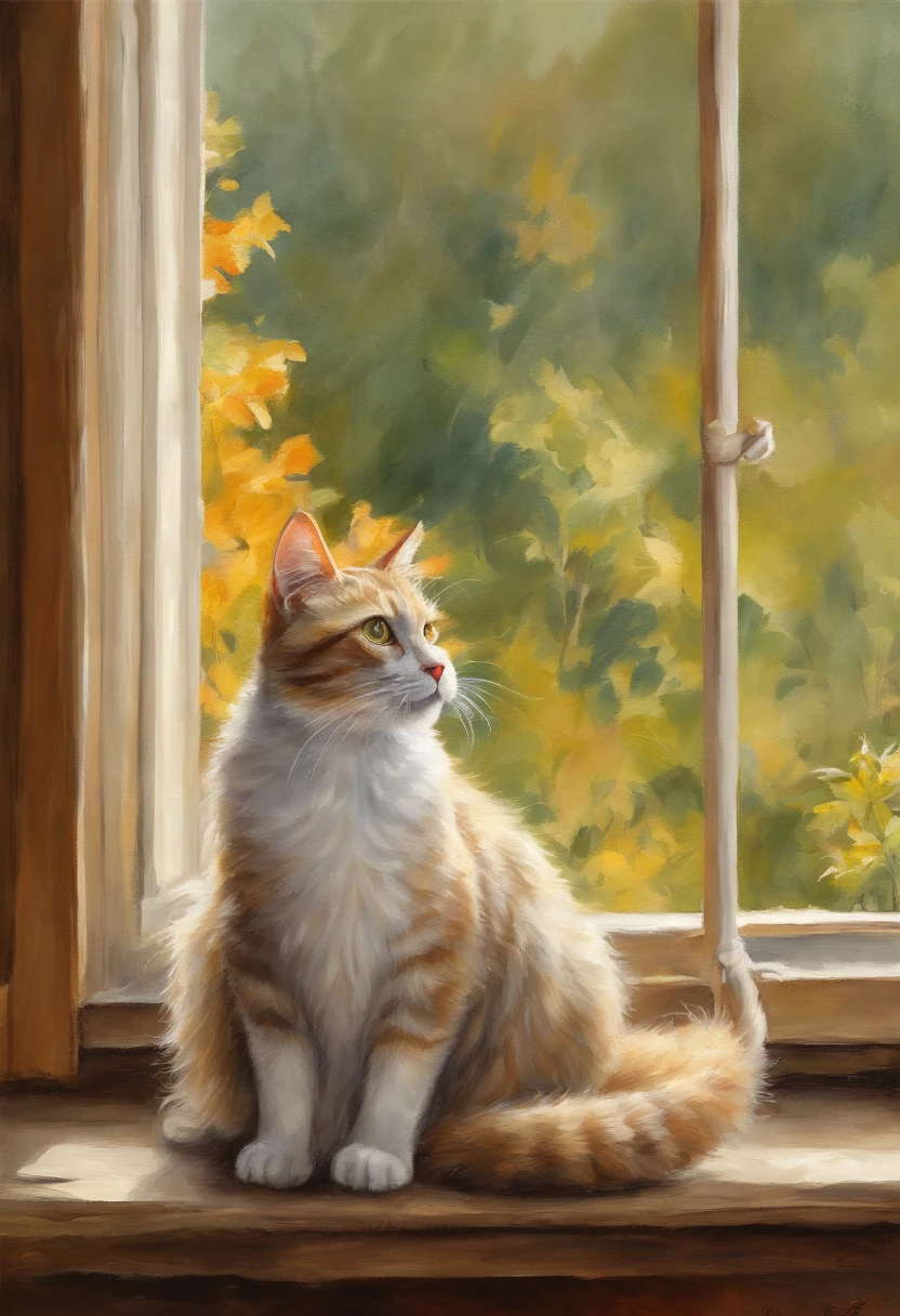 (best quality,4k,8k,highres,masterpiece:1.2),ultra-detailed,(realistic,photorealistic,photo-realistic:1.37),cat,adorable eyes,fluffy fur,curious gaze,pink nose,paws,playful attitude,sitting on a window sill,sunlight streaming through the window,tail gently swaying,mischievous expression,golden hour lighting,soft and warm color palette,whiskers,watchful posture,calm and serene background,cat silhouette in the window,subtle cat toys in the corner,expressive facial features,playful shadows,detailed feline anatomy,lush and tactile textures,masterfully crafted artwork,realistic fur rendering,vivid and lifelike colors,happy and content atmosphere,carefully composed composition,perfectly captured essence of a cat's charm.