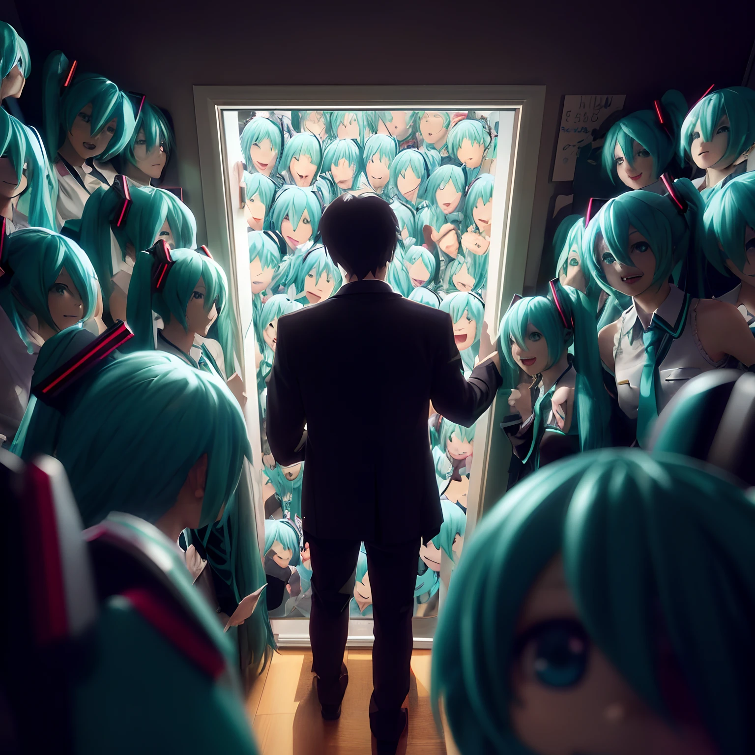 Anime character standing in front of window with man in suit, anime cgi style, VOCALOID, anime 3 d art, Hatsune Miku Cosplay, Mikudayo, Hatsune Miku, Miku, hatsune miku short hair, Trending anime art, popular on pixiv, Trending Anime Artwork, 3d anime poster, anime cgi