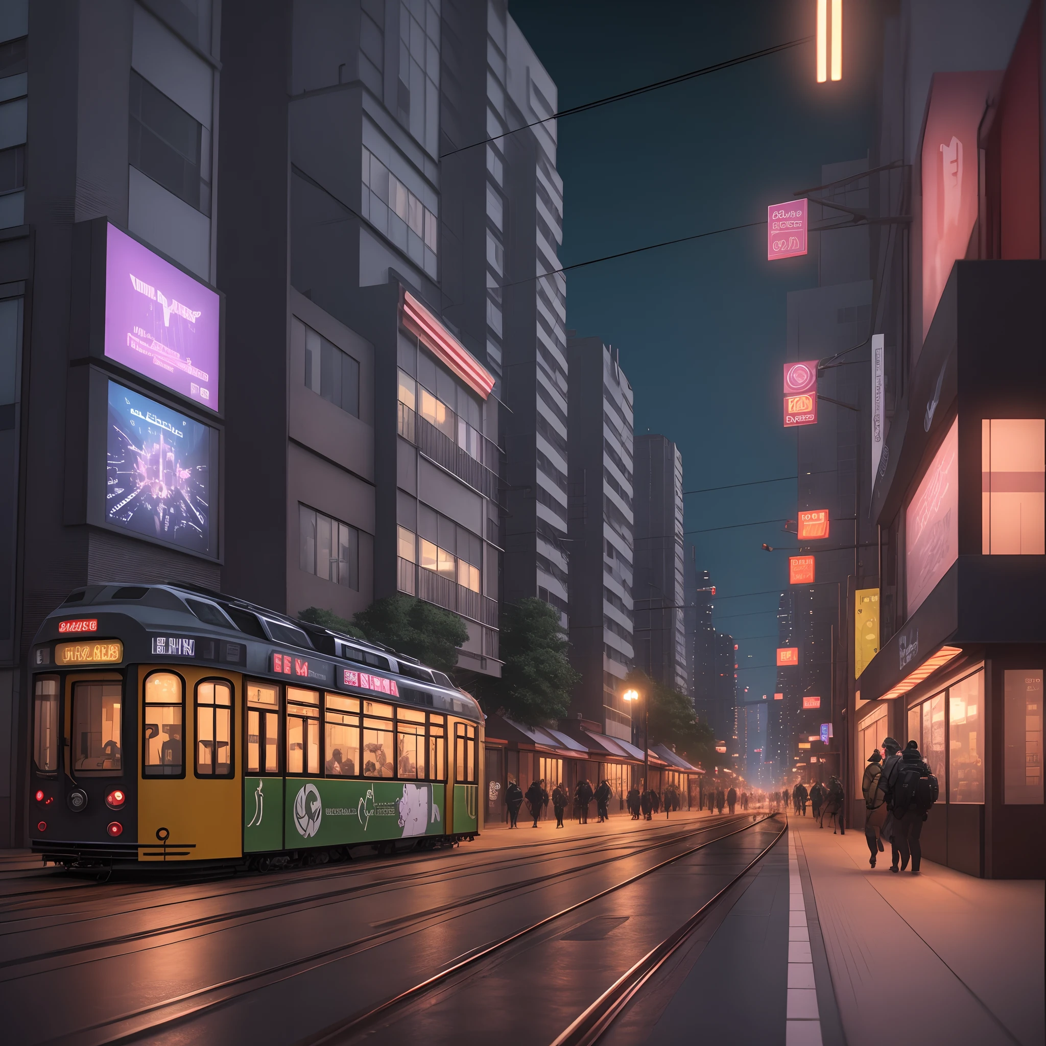 Background with,Bustling street,near future,digital,3D,cyberpunked,advertisement,cyberpunkcity,metropolitan,Anime-style city,tram,night town,highrise buildings