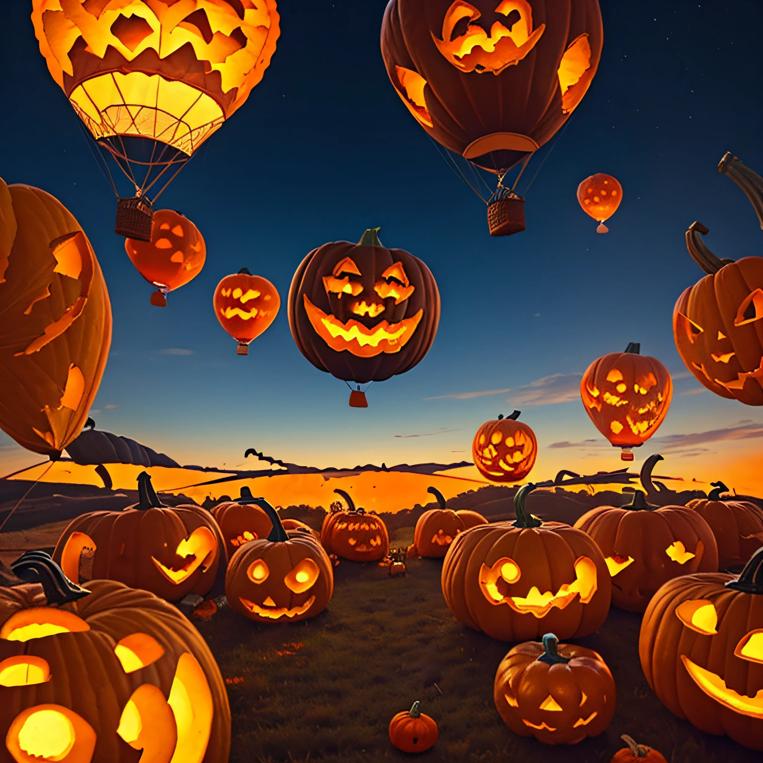 Hot Air Balloon, (cute pumpkin balloon:1.5), at Cappadocia, (Masterpiece), (Best Quality), (Ultra high Detailes)