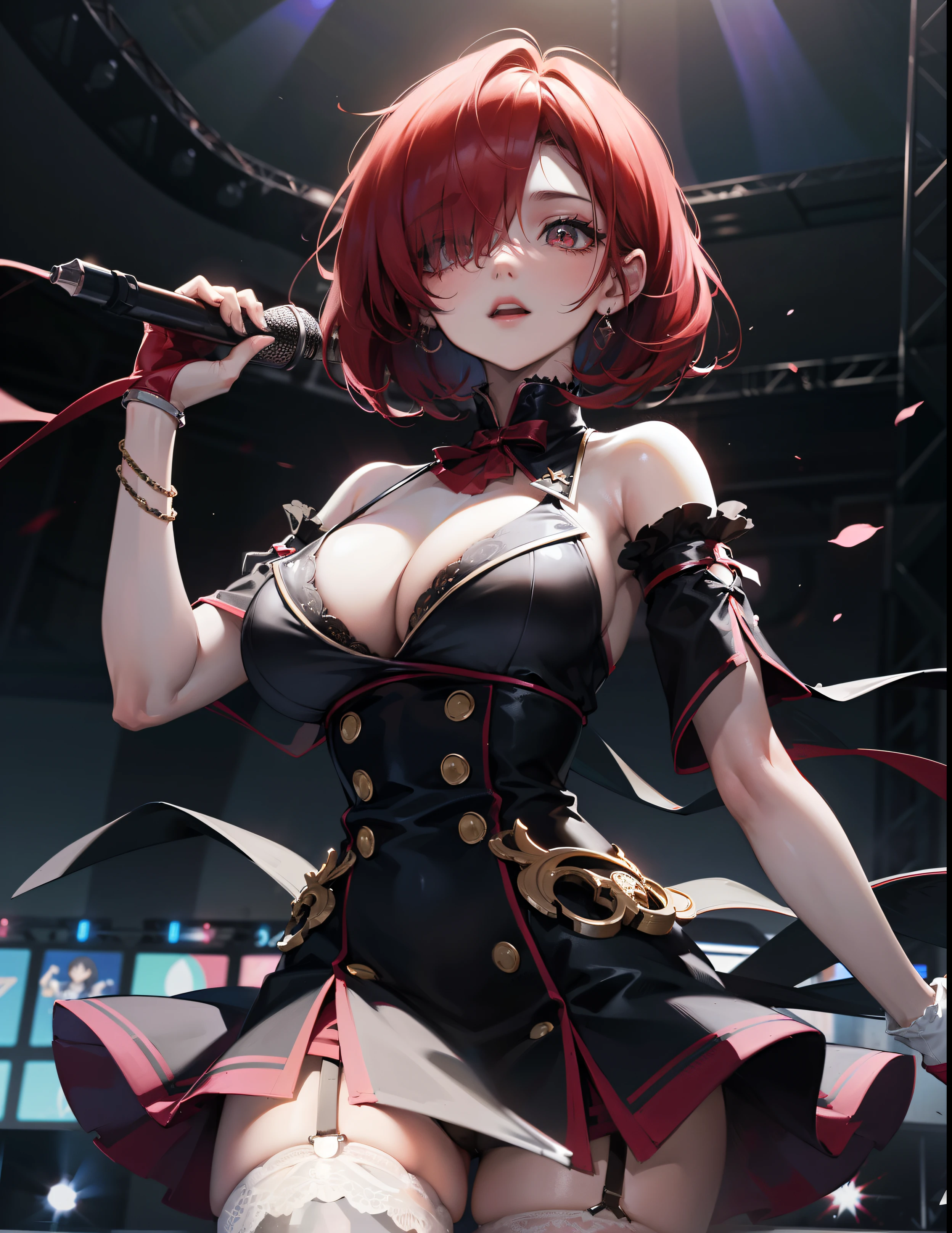 idol, 1girl, ((mature)), (huge breasts), adult woman, masterpiece, absurd, dressed as a j-idol, delicate colors, illustration, bright colors, beautiful, red eye, red hair, hair over one eye, short hair, live stage