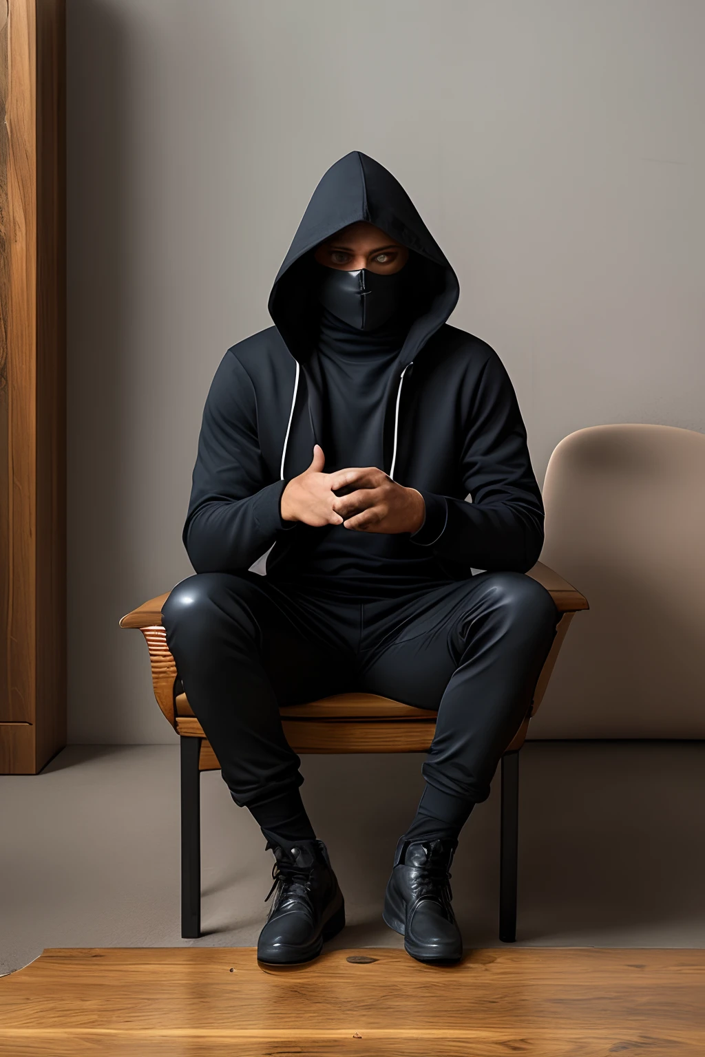 Young man, hooded vigilante in all black. Sitting in interrogation room. Wearing turtleneck, black gloves and leather bracers.
