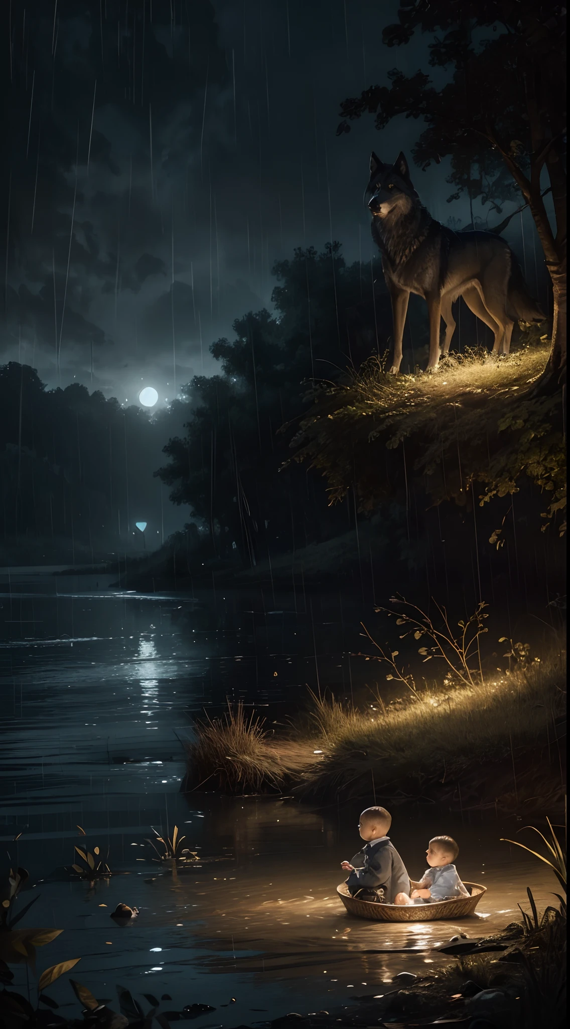 A wolf watching from a distance two twin baby boys were in a basket, stranded on the river bank,rain, dark background