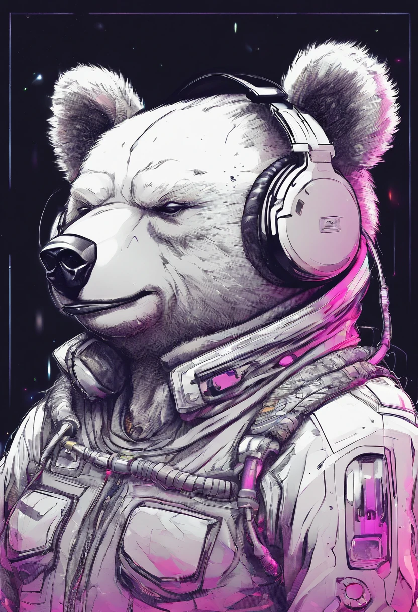 Cartoon bear with headphones and microphone, Teddy Astronaut, Anthropomorphic cyberpunk bear cub, concept art, stylized concept art, Teddy, plain background, Lines and contours of fire, mascot illustration, character sheet, character design