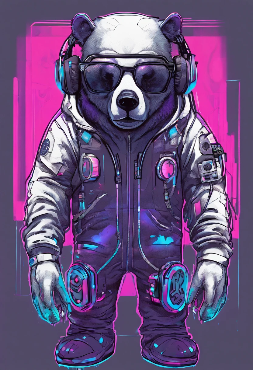 Cartoon bear with headphones and microphone, Teddy Astronaut, Anthropomorphic cyberpunk bear cub, concept art, stylized concept art, Teddy, plain background, Lines and contours of fire, mascot illustration, character sheet, character design