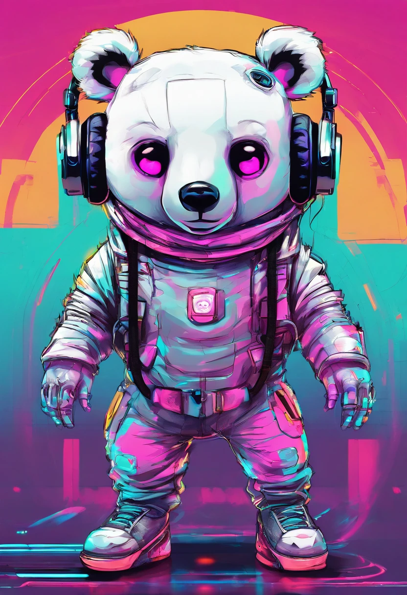 Cartoon bear with headphones and microphone, Teddy Astronaut, Anthropomorphic cyberpunk bear cub, concept art, stylized concept art, Teddy, plain background, Lines and contours of fire, mascot illustration, character sheet, character design