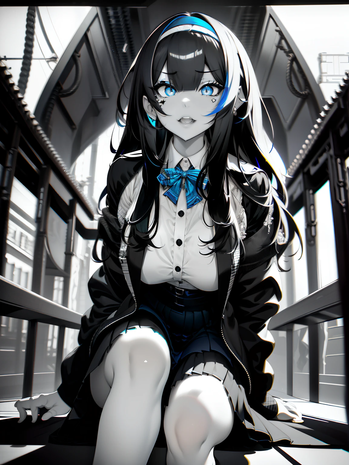 full body Esbian、Full body、White background, grayscales ,(linear art:1.2), bowtie, black hairband, Black skirt, femme, Collared shirt ,(Blue eyes:1.2), sketch, monochromes, BLUE AND BLACK ,Cross-eyed、Stranger、View other people、Ahegao , Silly,Sexual ecstasy,Drunken eyes,Blunt bangs, Black hair, (finely detailed beautiful eye: 1.2), (Detailed background,Dark Fantasy), (beautifull detailed face), High contrast, (Best Illumination, extremely delicate and beautiful), ((Cinematic Light)), Colorful, Hyper Detail, Dramatic light,