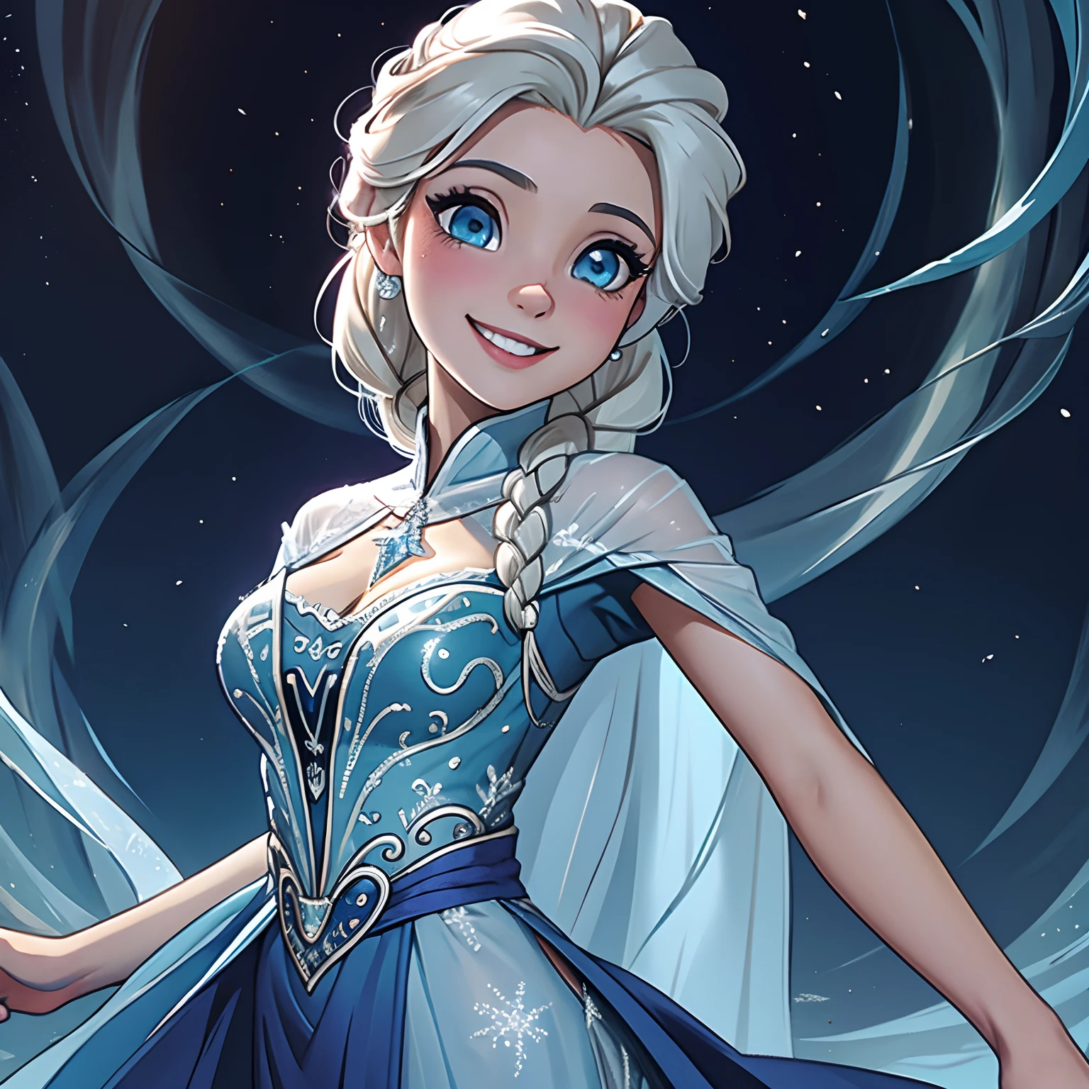 elsa con vestido largo, no escotado, sonrisa coqueta