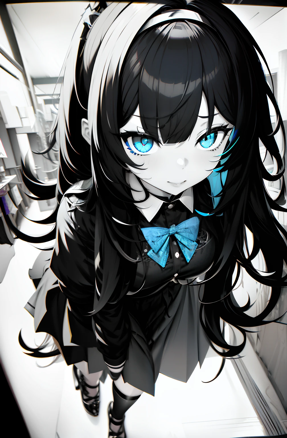 full body Esbian、Full body、White background, grayscales ,(linear art:1.2), bowtie, black hairband, Black skirt, femme, Collared shirt  ,(Blue eyes:1.2),  sketch, monochromes, BLUE AND BLACK ,Cross-eyed、Stranger、View other people、Ahegao , Silly,Sexual ecstasy,Drunken eyes,Blunt bangs, Black hair, (finely detailed beautiful eye: 1.2), (Detailed background,Dark Fantasy), (beautifull detailed face), High contrast, (Best Illumination, extremely delicate and beautiful), ((Cinematic Light)), Colorful, Hyper Detail, Dramatic light,