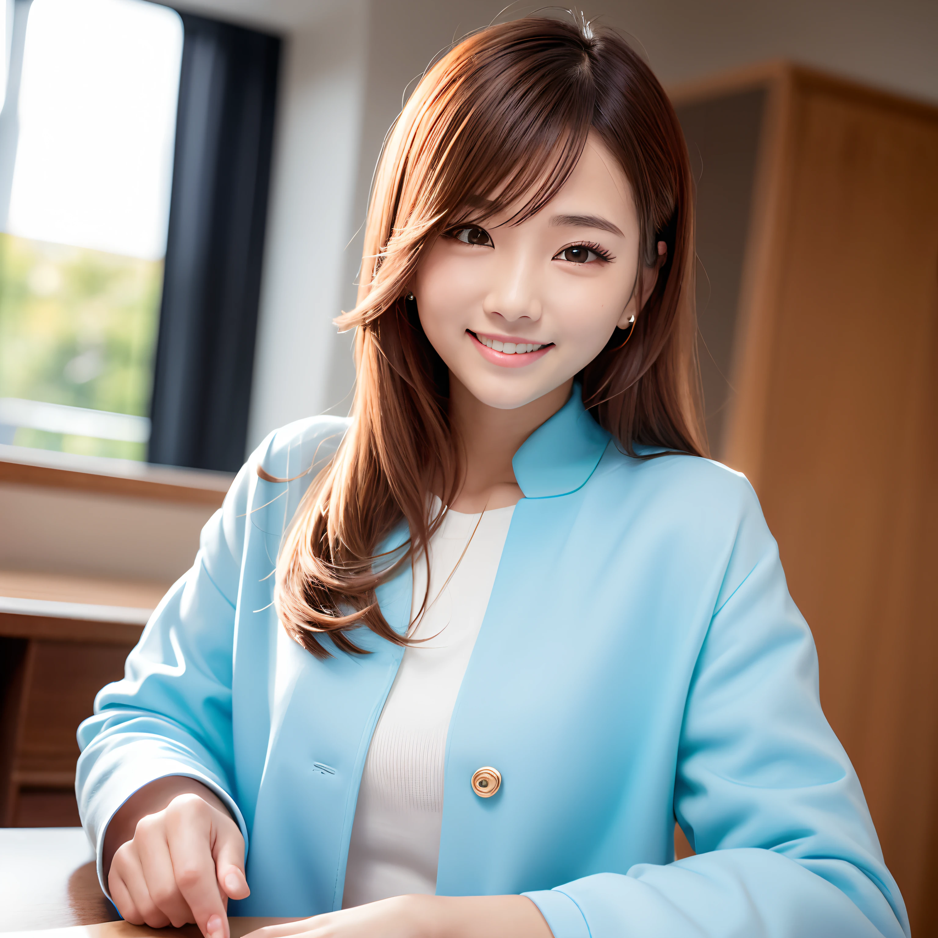 Women in Their 20s、Asian、Korean、China Province、Japan、Beautuful Women、news caster、Female Announcer、Career Woman、bobhair、Face straight ahead、Looking here、Smiling while showing small teeth、Beautiful skins、big eye、Smooth nose、Wearing a white shirt、Wearing a light blue jacket、Fold your hands on your desk、Suits、formal clothes、Refreshing look、Refreshing hairstyle、1 female