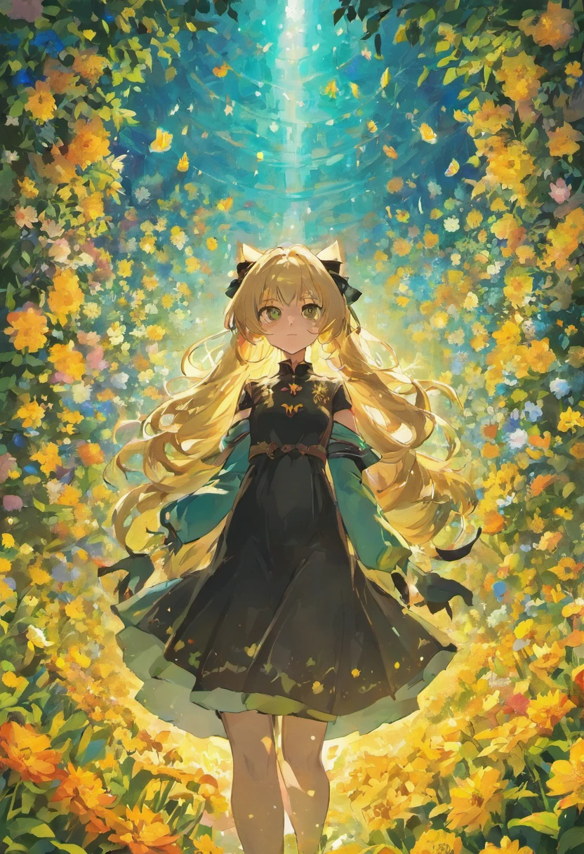 black cat, cartoon, Sea of flowers, sunny, big green eyes, Many details