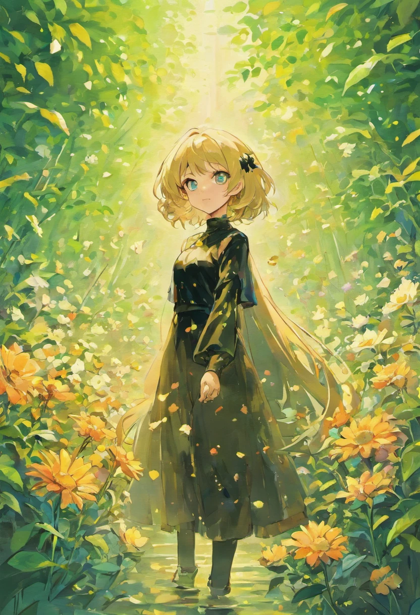 black cat, cartoon, Sea of flowers, sunny, big green eyes, Many details