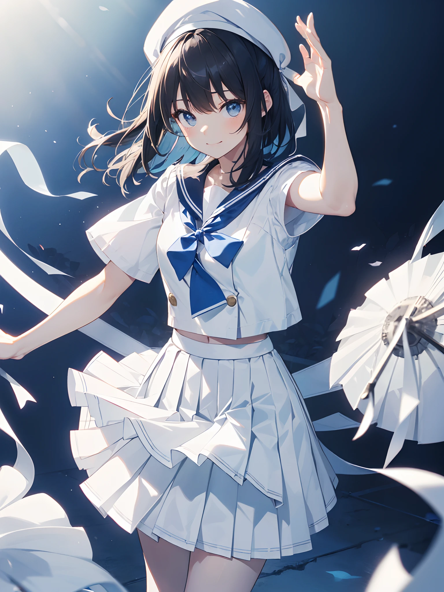 masutepiece,Best Quality,Insanely detailed,1 Cute Pure Girl,Innocent smile,bob cuts,Black hair,
(White theme:1.3), (Fusion of white sundress and white uniform:1.4), ((White pleated skirt, White skirt):1.5), (Light blue ribbon and white beret:1.4), (White shirt with blue sailor collar:1.4), (Short sleeve:1.2), (Light blue ribbon:1.3), (White skirt with blue line:1.2), ((White socks, lowfers):1.2),Cinematic lighting,amazing,Attractive,clean back ground,
Cute Pose,Hyper realistic, Perfect Anatomy, Perfect five fingers