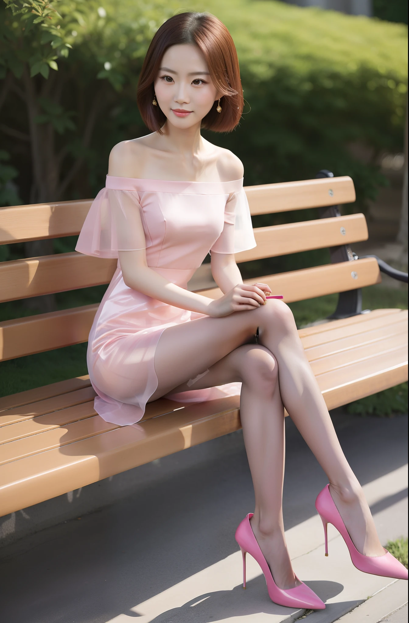 Beautiful Chinese woman sitting on bench,  Dress tightly, Slim and transparent，Off-the-shoulder attire，low chest，Legs straight，very beautiful long slim legs, short detailed hair，Pink high heels，legs visible，grey pantyhose