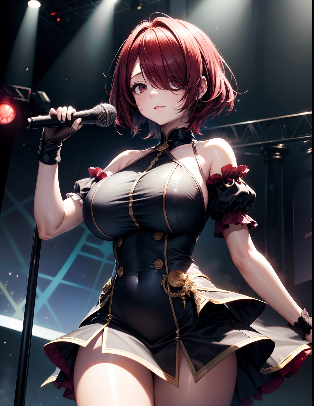 idol, 1girl, ((mature)), (huge breasts), adult woman, masterpiece, absurd, dressed as a j-idol, delicate colors, illustration, bright colors, beautiful, red eye, red hair, hair over one eye, short hair, live stage