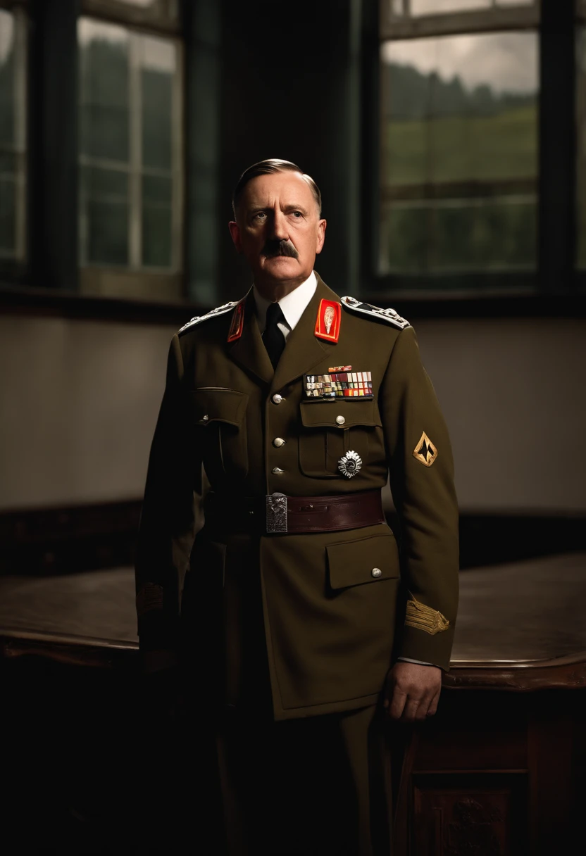 Rostro de hitler mirando la camara, vestido con uniforme militar, de fondo habitacion oscura