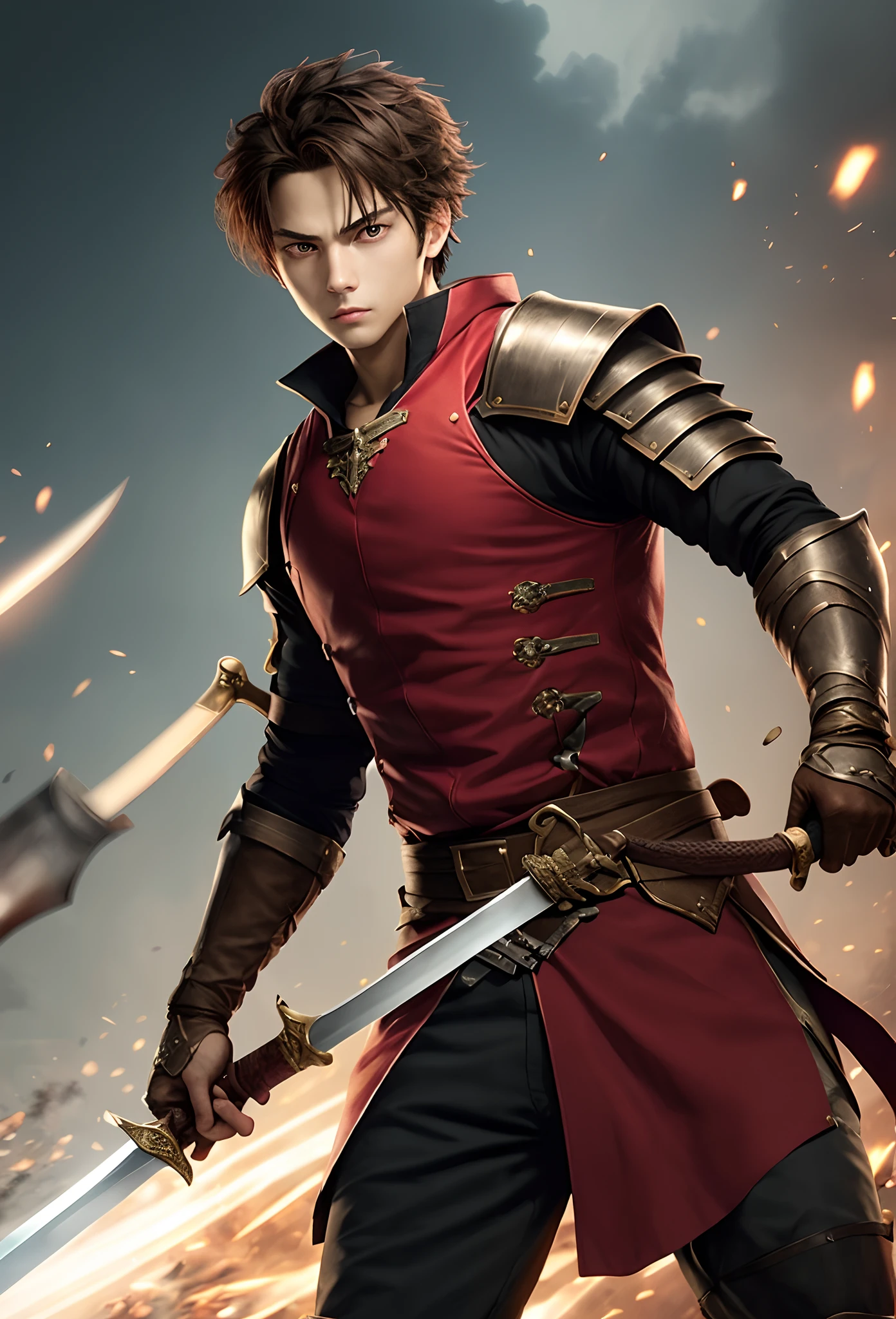 Brown-haired boy swordsman dual-wielding red clothing