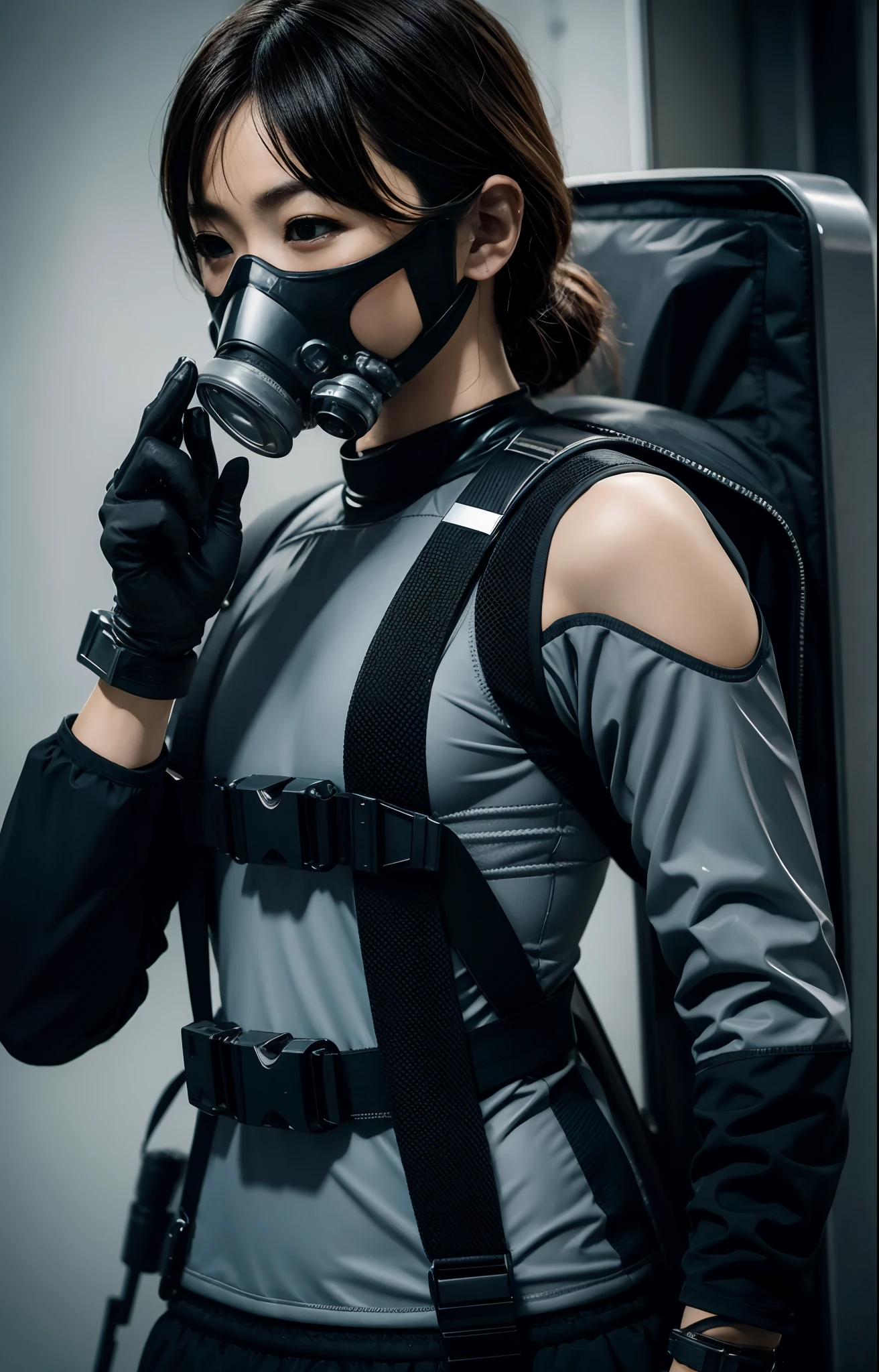Highest image quality, outstanding details, ultra-high resolution, (realism: 1.4), ((close up:0.75, from front)), Photorealistic, highly condensed 1 lady, full body, aiming with a rifle, Combat pose, (Detailed face), looking at the camera, (a bit chubby:0.45), (cloths color dark-grey:0.4 white:0.3 other-color:0.3), (wearing nylon rash-guard as police uniform, gloves, Fingers are occluded, black and grey mecha, wearing futuristic-gasmask, military harness, holding a machinegun, carrying hich-tech-backpack), background greywall,