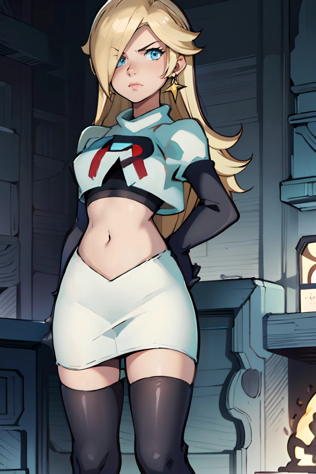 rosalina,team rocket,team rocket uniform, red letter R, white skirt,white crop top,black thigh-highs,black elbow gloves, arms crossed