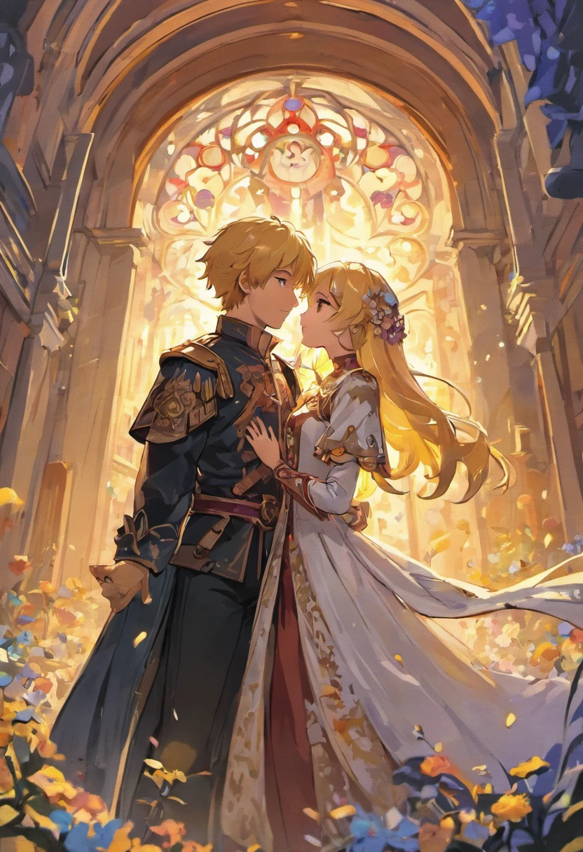 Two people 1 Nils Visser is a prince with blonde hair, Dressed in medieval military uniform,Fell in love with Civilian 2 Lily Collins, Who has curly black hair,in a red dress, the two kiss very affectionately, Illustration of romance book cover,A detailed, smooth, Bright background full of flowers, art by Greg Hildebrandt, Citemer Liu, Stjepan Sejic, Samyang, aykut aydogdu, Justin Gerard, Alphonse Mucha, Art germ, Phlegm sputum, phlegm, and greg rutkowski