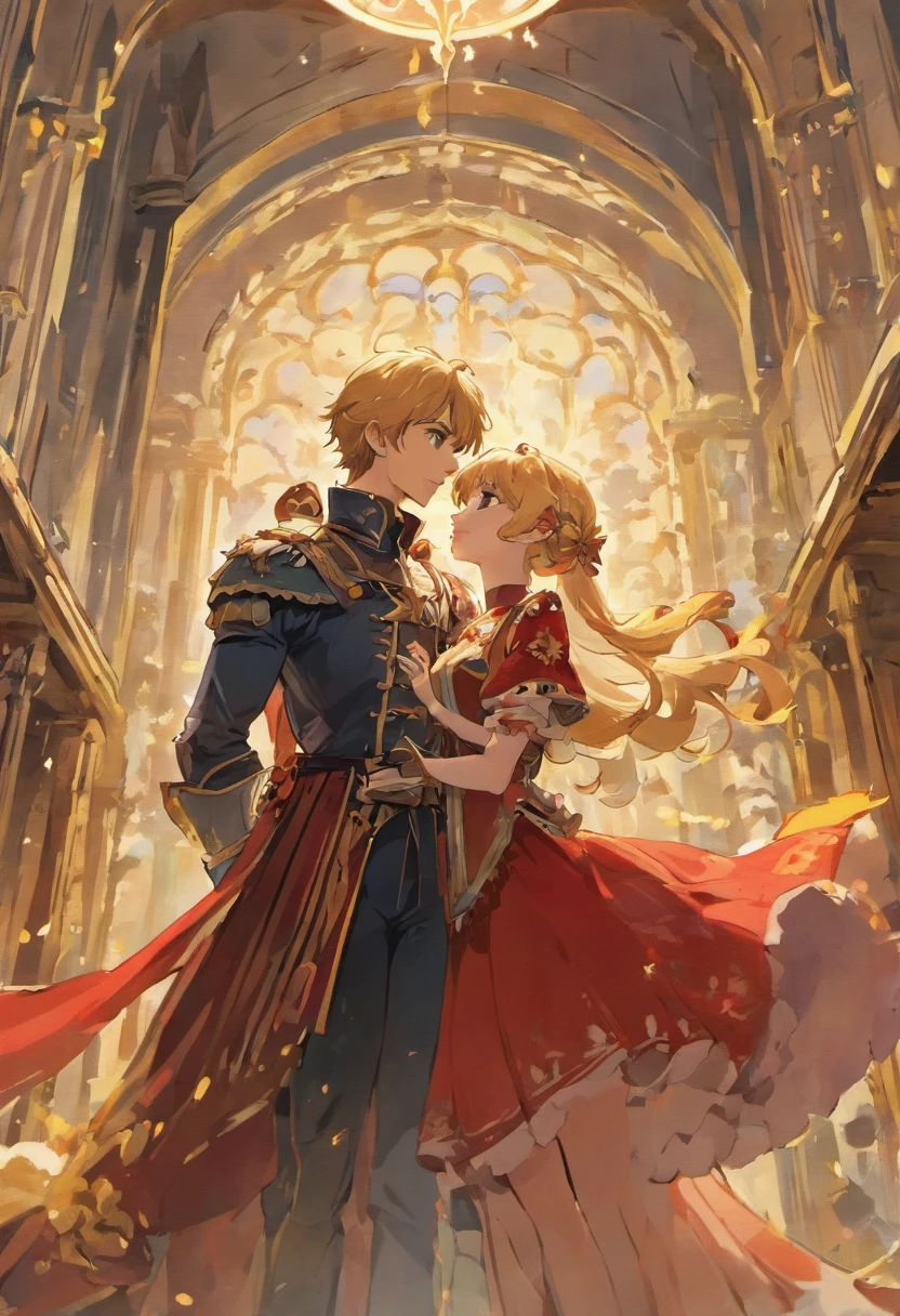 Two people 1 Nils Visser is a prince with blonde hair, Dressed in medieval military uniform,Fell in love with Civilian 2 Lily Collins, Who has curly black hair,in a red dress, the two kiss very affectionately, Illustration of romance book cover,A detailed, smooth, Bright background full of flowers, art by Greg Hildebrandt, Citemer Liu, Stjepan Sejic, Samyang, aykut aydogdu, Justin Gerard, Alphonse Mucha, Art germ, Phlegm sputum, phlegm, and greg rutkowski