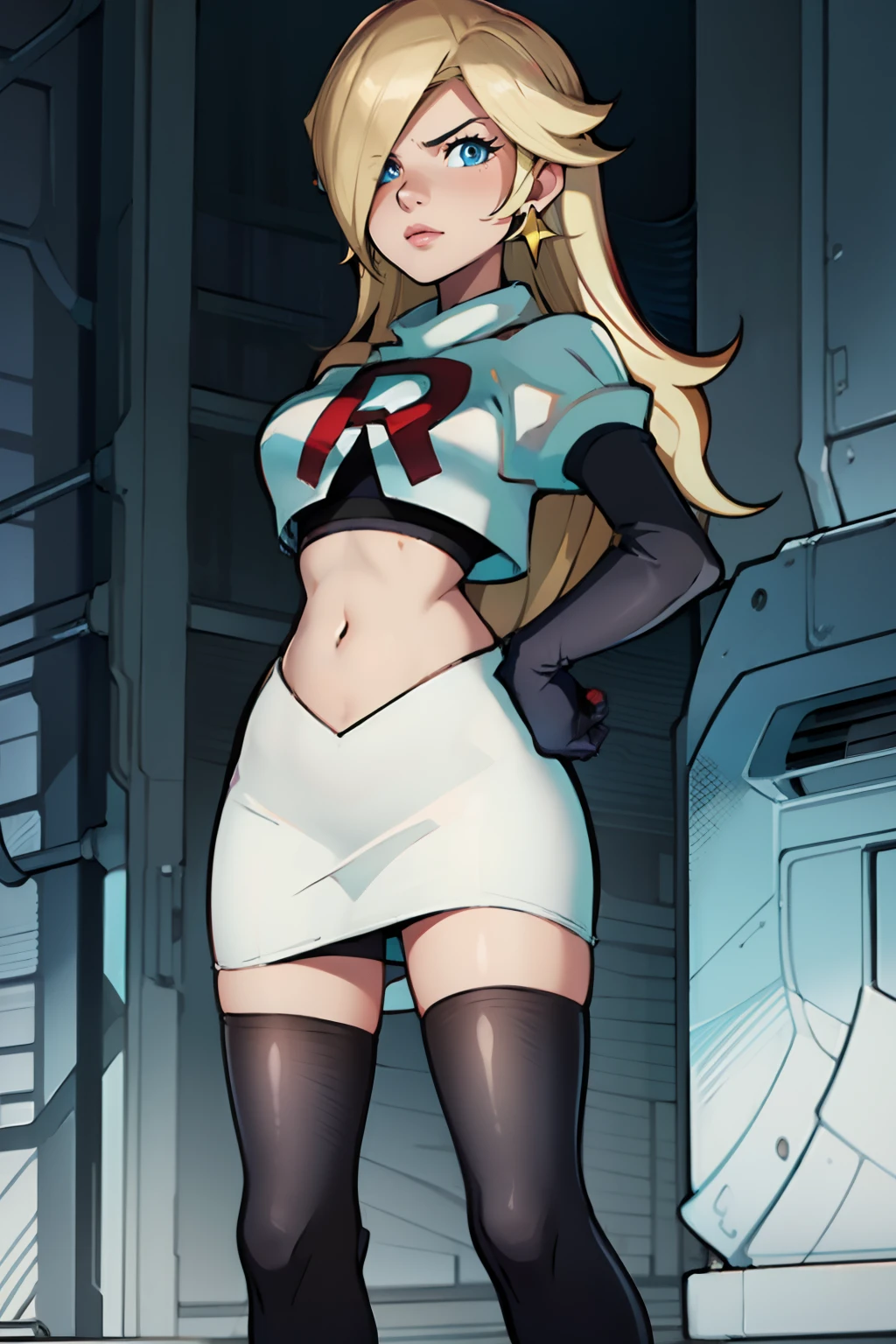rosalina,team rocket,team rocket uniform, red letter R, white skirt,white crop top,black thigh-highs,black elbow gloves, arms crossed