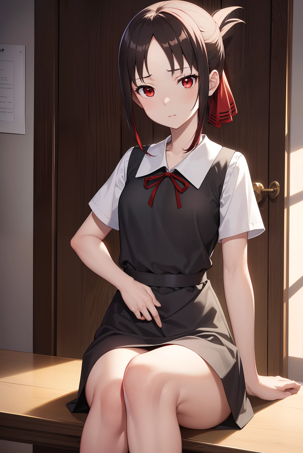 kaguyashinomiya, kaguya shinomiya, folded ponytail, forehead, hair ribbon, (red eyes), red ribbon, ribbon, short hair, sidelocks,
BREAK black dress, dress, pinafore dress, school uniform, shirt, short sleeves, shuuchiin academy school uniform, white shirt,sitting,cowboy shot,
BREAK evil smile,looking down,black hair,
BREAK indoors, classroom,
BREAK (masterpiece:1.2), best quality, high resolution, unity 8k wallpaper, (illustration:0.8), (beautiful detailed eyes), extremely detailed face, perfect lighting, extremely detailed CG, (perfect hands, perfect anatomy),