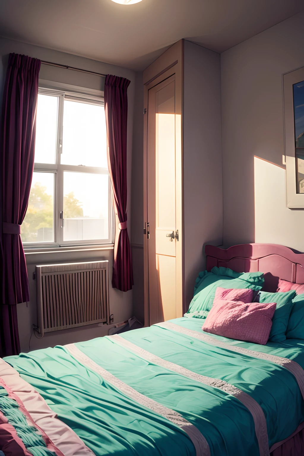 girl bedroom,bed,pillow,windows,no caharacter,no human,