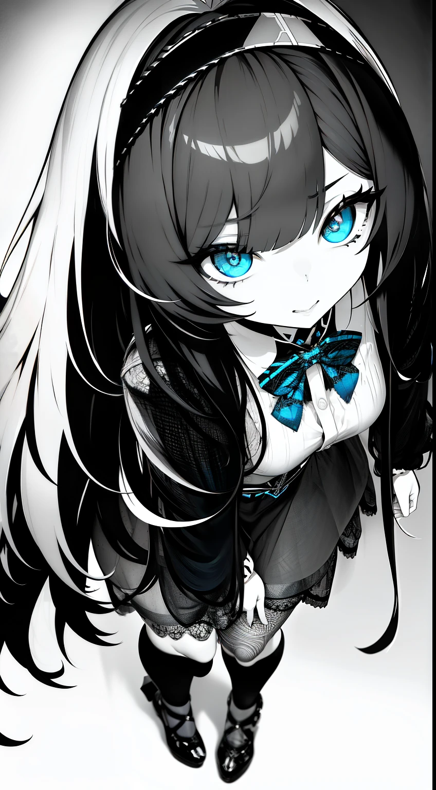 full body Esbian、Full body、White background, grayscales ,(linear art:1.2), bowtie, black hairband, Black skirt, femme, Collared shirt  ,(Blue eyes:1.2),  sketch, monochromes, BLUE AND BLACK ,Cross-eyed、Stranger、View other people、Ahegao , Silly,Sexual ecstasy,Drunken eyes,Blunt bangs, Black hair, (finely detailed beautiful eye: 1.2), (Detailed background,Dark Fantasy), (beautifull detailed face), High contrast, (Best Illumination, extremely delicate and beautiful), ((Cinematic Light)), Colorful, Hyper Detail, Dramatic light,