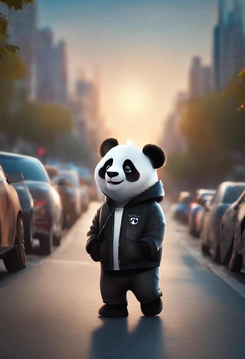 Perfect centering, cute panda, Wear a jacket, Wearing sunglasses, Wearing headphones, cheerfulness, Standing position, Abstract beauty, Centered, Looking at the camera, Facing the camera, Approaching perfection, Dynamic, Highly detailed, Smooth, Sharp Focus, 8K