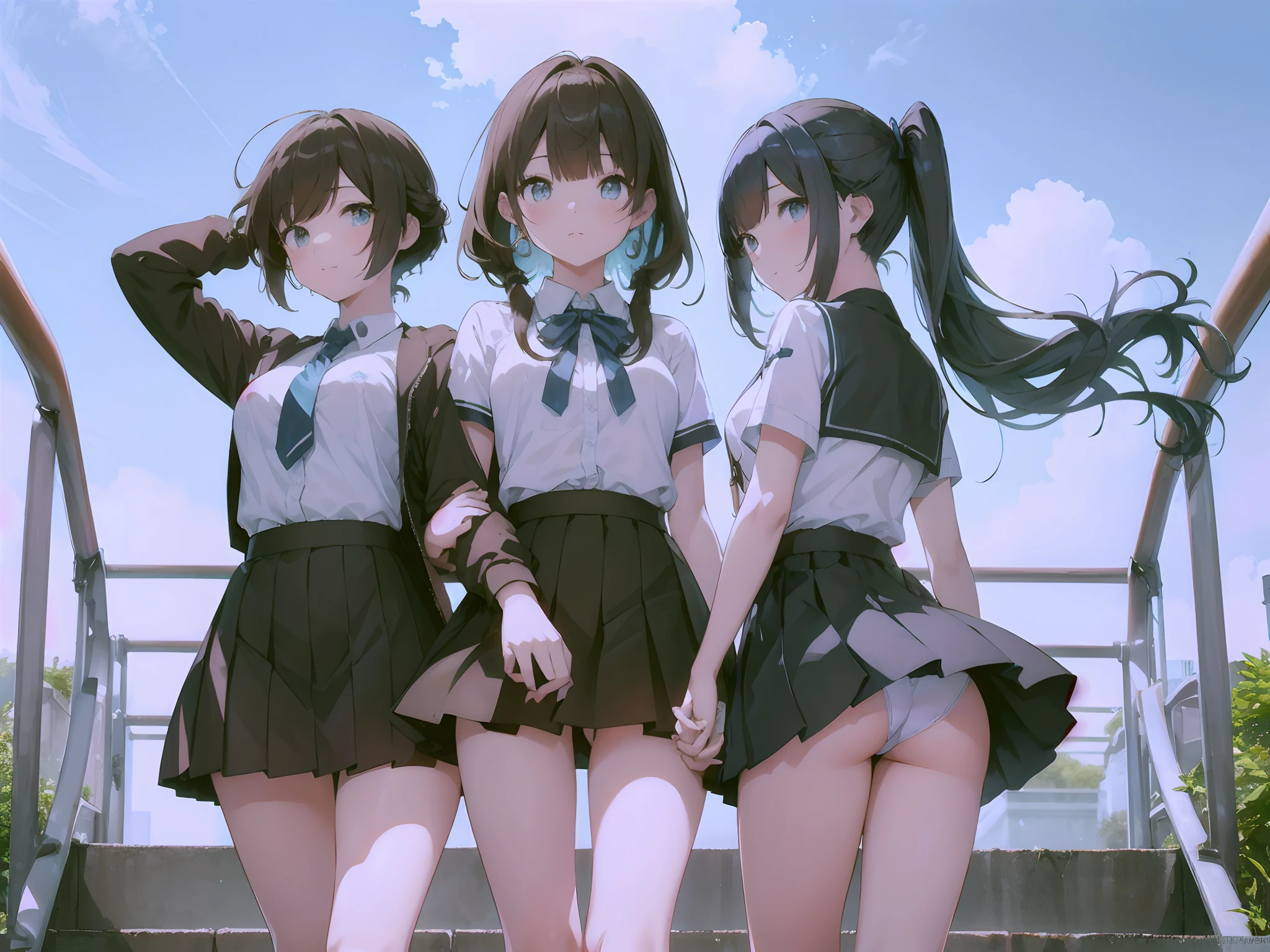 smirk NSFW, (Highest quality illustrations:1.2), (Kawaii Girl:1.1), (4-girls、posterior view、cowboy shot),((taken from the under:1.2、low angles、up skirt))、((posterior view、Looks Back))、Schools、((Climbing stairs、Foursome girls walking side by side))、 (4girl、、adult-like、cute little、Medium chest、ultradetailed eyes:1.2)、school buildings、hi-school girl、high-school uniform、hip skirt、thighs thighs thighs thighs、(((I can see my panties:1.2、Skirts twisted in strong winds、up skirt,NSFW:1.1)))、、Facing this way、sitdown、A smile、chum、Holding hands、Hugging、Bold poses、sexypose、school buildings、Blake black hair、Blue-haired、Brown hair、extra very short hair、shorth hair、Middle hair、length hair、hair wavy、curlyhair、hime-cut、bob cuts、Twin-tailed、low twintails、poneyTail、Low ponytail in light blue、 BREAK(top-quality、ultra-detailliert、highly detailed and beautiful、超A high resolution、Detailed arm:1.2)、Shunguang、Shooting with a wide-angle lens