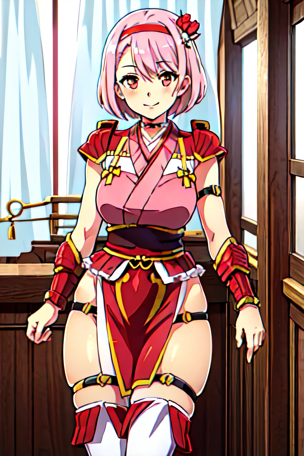 AIZUWAKAMATU,PINK HAIR, SHORT HAIR,HAIR ORNAMENT,PINK JAPANESE CLOTHES,ARMOR, (WHITE PELVIC CURTAIN:1.5),THIGH STRAP,WHITE THIGHHIGHS,KOTE,PENDANT CHOKER,BLACK PELVIC ARMOR,RED BREASTS ARMOR,OBI, 1girl, solo, upper body, facing viewer, looking at viewer, smile.