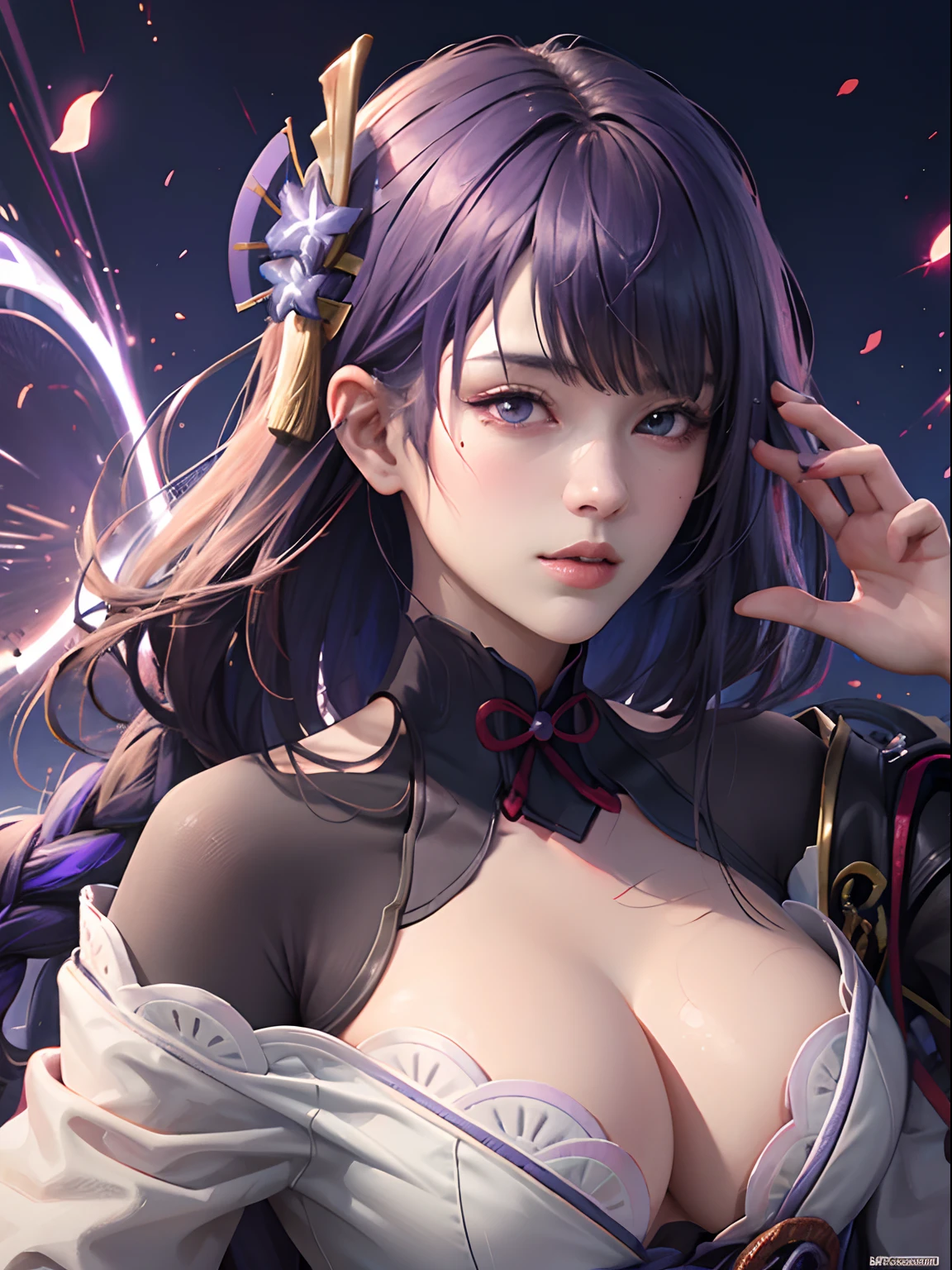 Official art, 4k wallpaper, realistic, raiden ei, raiden shogun, genshin impact, steady pose, beautiful face, purple hair, glowing eyes