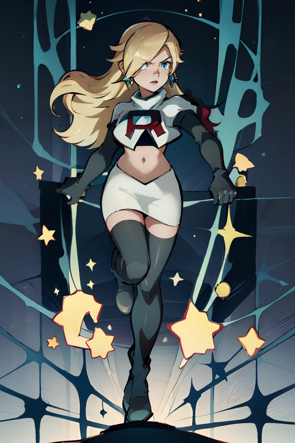 rosalina,team rocket,team rocket uniform, red letter R, white skirt,white crop top,black thigh-highs,black elbow gloves, floating